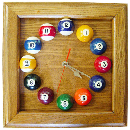 pool clock, oak clock, billiards clock, oak, clock